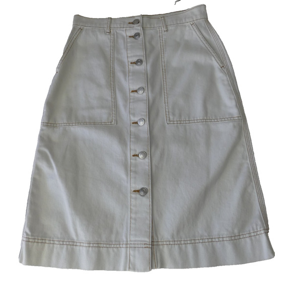 Free Assembly Dresses & Skirts - Free Assembly Ivory Denim Skirt Sz 2 Button Front Knee‎ Modest Contrast Stitch